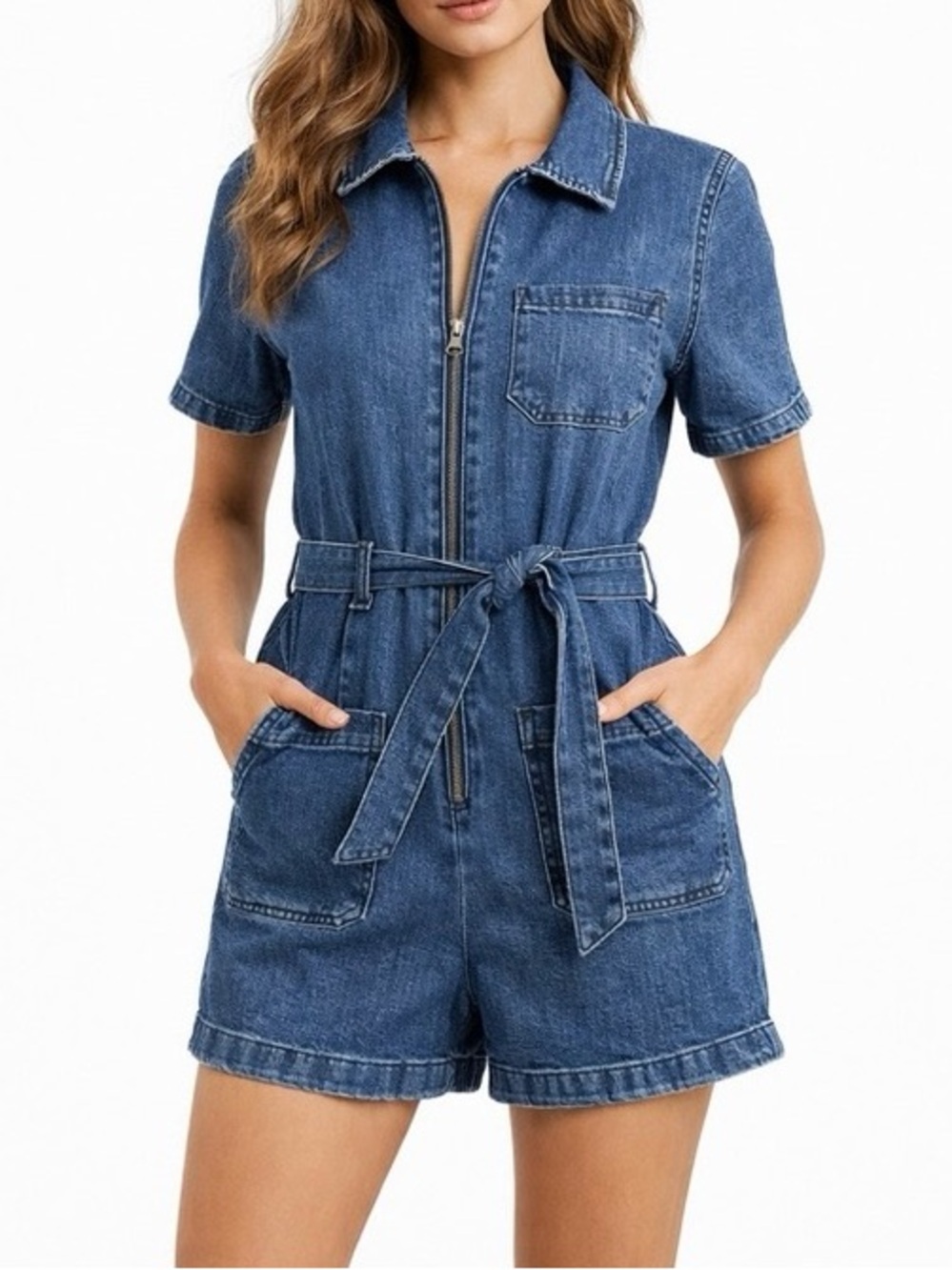bagatelle Blue Denim Short Overalls Romper with Tie Waist